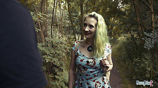 Naughty college girl walks in the notorious woods full of flashers