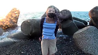 Masked teen with perky boobs enjoys a POV fucking outdoors