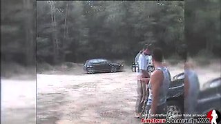 Hot swinger couple fucks 2 guys in car - public parking lot sex with facials & cumshots!