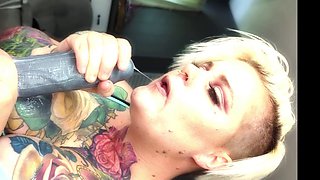 Tattooed busty blonde gives messy cumshot lube blowjob and moaning climax with sex toys