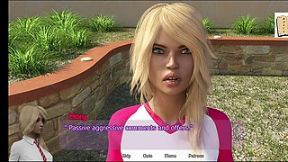 Busty blonde teen in a 3D visual novel setting