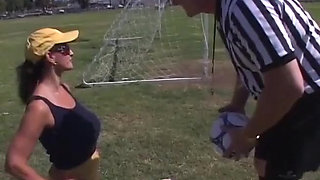 Big tit cougar fucks the referee