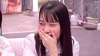 Three beautiful girls in uniform get excited when they see a man's penis and cum all over his hands.