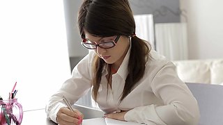 Teen Raisa's sultry pigtails sway as she pleases in stockings