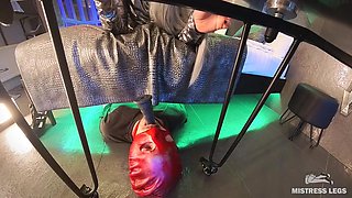Slave with a Dildo in Mouth Under My Bed That's His Only Way to Get a Footjob From Me