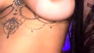 Busty curly brunette with big boobs fucks on couch