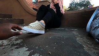 Cute Arab teen exposes her lovely little feet outdoors