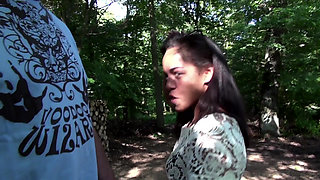 Outdoor threesome bang for sexy brunette