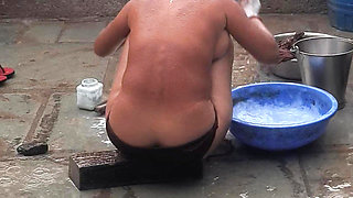 My elder sister-in-law&#039;s stepsister is bathing naked in red tights in the open bathroom at my house