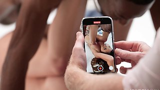 Rebecca Love gets her shaved pussy stuffed with bbc while her husband watches