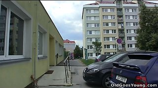 Horny teenage hotty screwed in wild 3 way with senior fellow and given cum caked facial