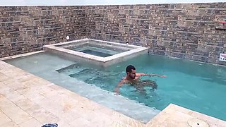 Brunette Latina with Big Ass Sneaks Into Pool for Sex with Muscle Men Caught on HD