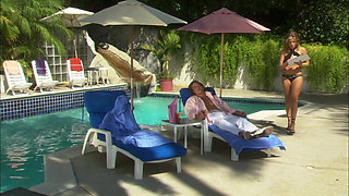 Swimming pool outdoor action with blonde babe