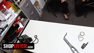 Unholy mall cop lays down for a teenage asian thief by banging her cunny on his desk - shoplyfter