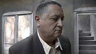 Young blonde gives blowjob and titjob to old guy