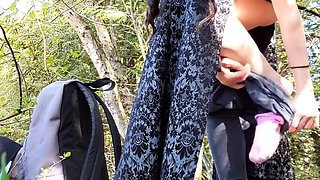 Outdoor BDSM Solo in Black Dress with Nipple Clamps and Butt