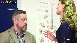 Femdom CFNM nurse babes jerk small cock dude in group