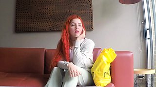 Redhead Latina bombshell swallows huge dick really deep into