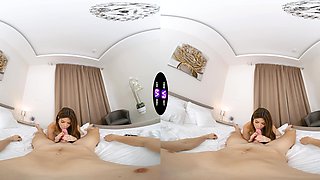 Natural tits of cute brunette in long hair during missionary sex