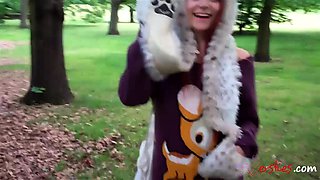 Tiny redhead outdoor masturbation