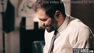 Curvaceous diminutive platinum-blonde COUGAR avoids getting fired by plowing her chief