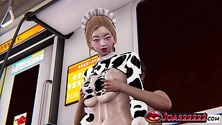 3D Hentai Huge Tits Anime Girl in Cow Cosplay in Subway - Jumping on Big Dick Fuck, Reverse Standing Fuck, Tied Lifting Creampie