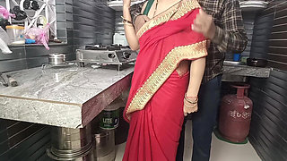 In the Kitchen, Stepbrother Fucks a Beautiful Stepsister in the Red Saree