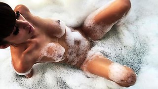 Hot babe with perfect big boobs taking shower