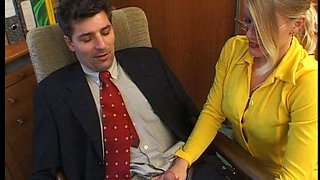 Horny secretary in yellow dress Lea De Mae  gets banged by her boss