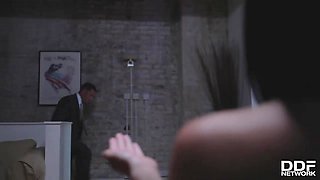 Cock Sucking Epiphany: Brunette Slobbers Over Massive Hard-On