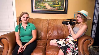 Tiny coeds Lauren and Fairy Pie take turns riding the pole