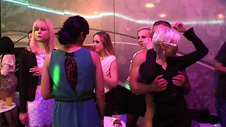 Naughty chicks take turns at playing with cocks at the party