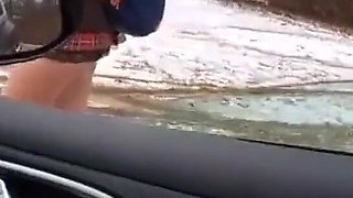 Teen Girl in Plaid Skirt Gets a Ride to School From a Stranger on a Snowy Day