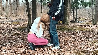 Sexy Jogger Girl Gives Blow Job On Knees To Stranger In Public In Woods