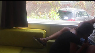 Camping risky public blowjob in front of an open window