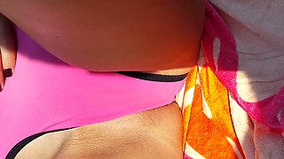 Bikini slip gf in pool spread legs show pussy and hair line