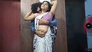 Vaishnavy and Sharun Raj intense saree love part 2, Neck smooch affection with passionate kissing and breast squeeze, Mallu pair steamy breasts fondling