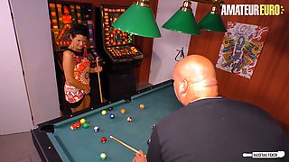 Chubby guy fucks horny housewife Meggy Fingered and creamed on pool table by a horny German couple