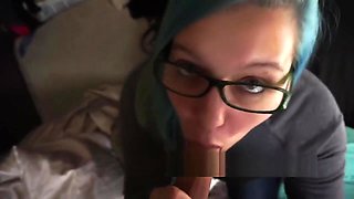 Blue Hair Girl With Glasses Sucks Dick Begging For Cum To Swallow