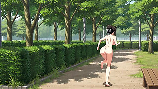 A busty wife who is naked in front of a public toilet in a park