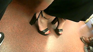 Hot Brunette, Sexy Feet In High Heels Sandals