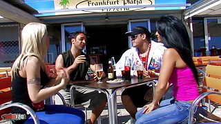 Wild Foursome On A Public Beach With Two Crazy Spanish Milfs