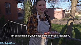 Public agent Asian babe Luna Truelove offers her cream cakes for a creampie