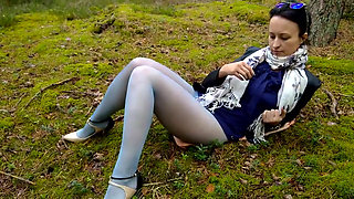 Golden Showers in The Deep Woods - While Dressed in Glossy, Blue, Crotchless Pantyhose