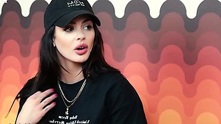 Busty curly brunette with big boobs fucks on couch