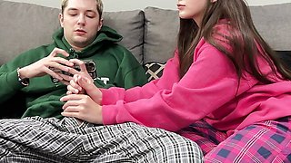 Step Brother Watch Porn and Jerk Off Next To Step Sister! But She Decide Handjob Him Instead Reading Boring Book