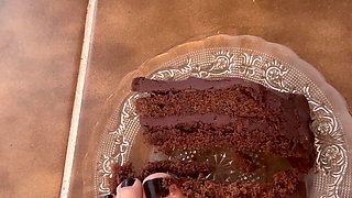 Destroying chocolate cake with my feet