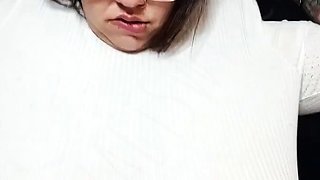 Busty curly brunette with big boobs fucks on couch