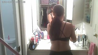 Japanese amateur wife getting undressed for shower and taking off her makeup