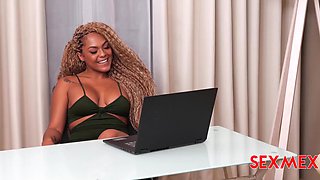 Ebony milf enjoyed eating her busty friend out, while getting pumped